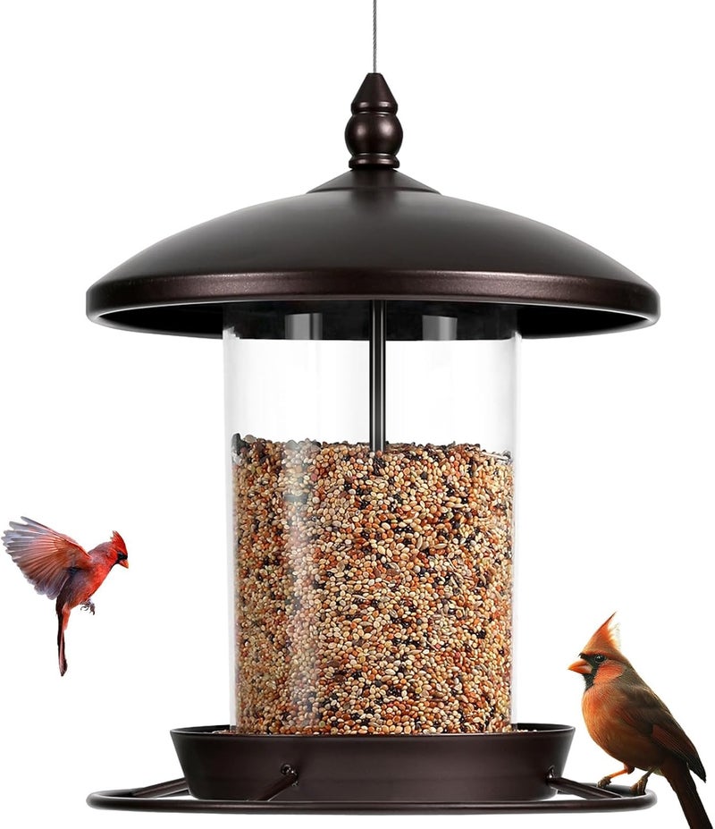 Youvip Metal Bird Feeder for Outdoors Hanging,3.0LB Seed Feeder,Easy to Fill & Clean,360° Feeding,Weatherproof Roof for Gardens and Wild Birds,Brown - Image 1